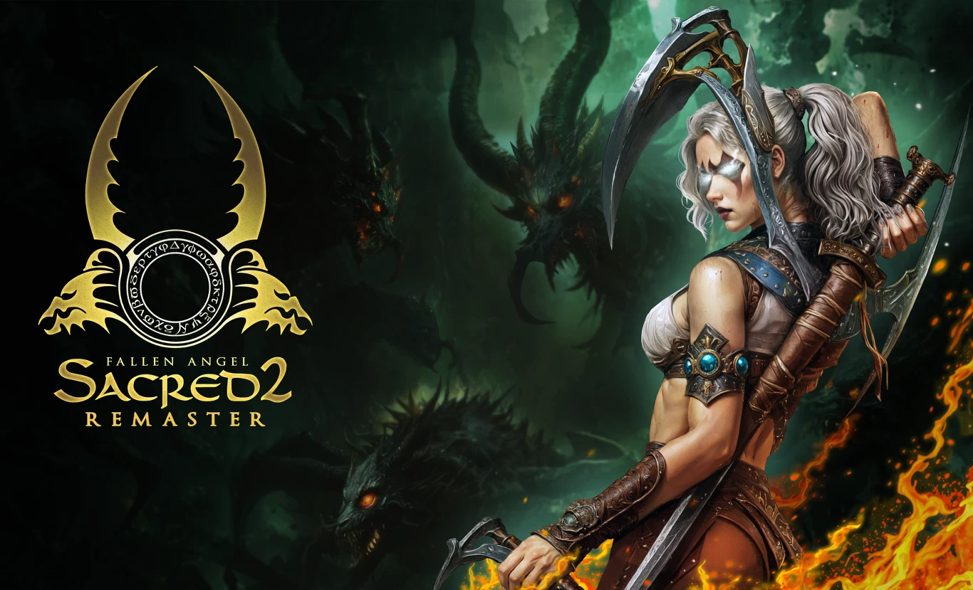Sacred 2 Remaster Kobieta wojowniczka z mieczem i zbroją w dynamicznej pozie, otoczona płomieniami oraz mrocznymi, demonicznymi istotami na tle ciemnego, fantastycznego lasu. Po lewej stronie widoczne logo i tytuł gry Sacred 2 Remaster.