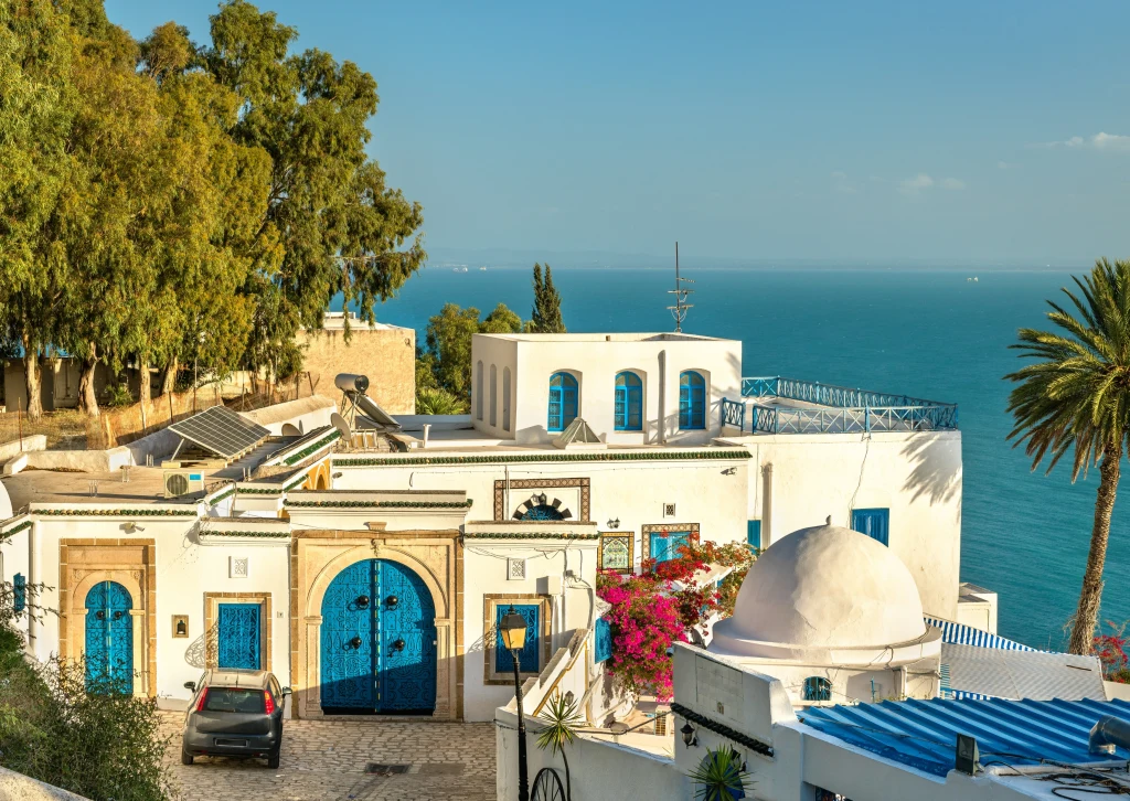 Białe budynki z niebieskimi okiennicami i drzwiami, otoczone roślinnością, z widokiem na rozległe morze i jasne niebo. Na pierwszym planie samochód zaparkowany przy bramie, obok bujna bugenwilla. W tle drzewa oraz palma.