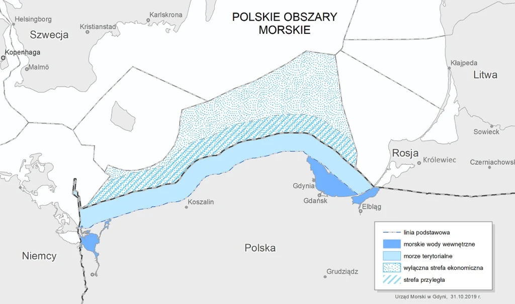 Mapa wybrzeża Polski z wyszczególnionymi polskimi obszarami morskimi, granicami lądowymi i podziałem na różnych strefy: wody wewnętrzne, morze terytorialne, wyłączna strefa ekonomiczna oraz strefa przyległa.