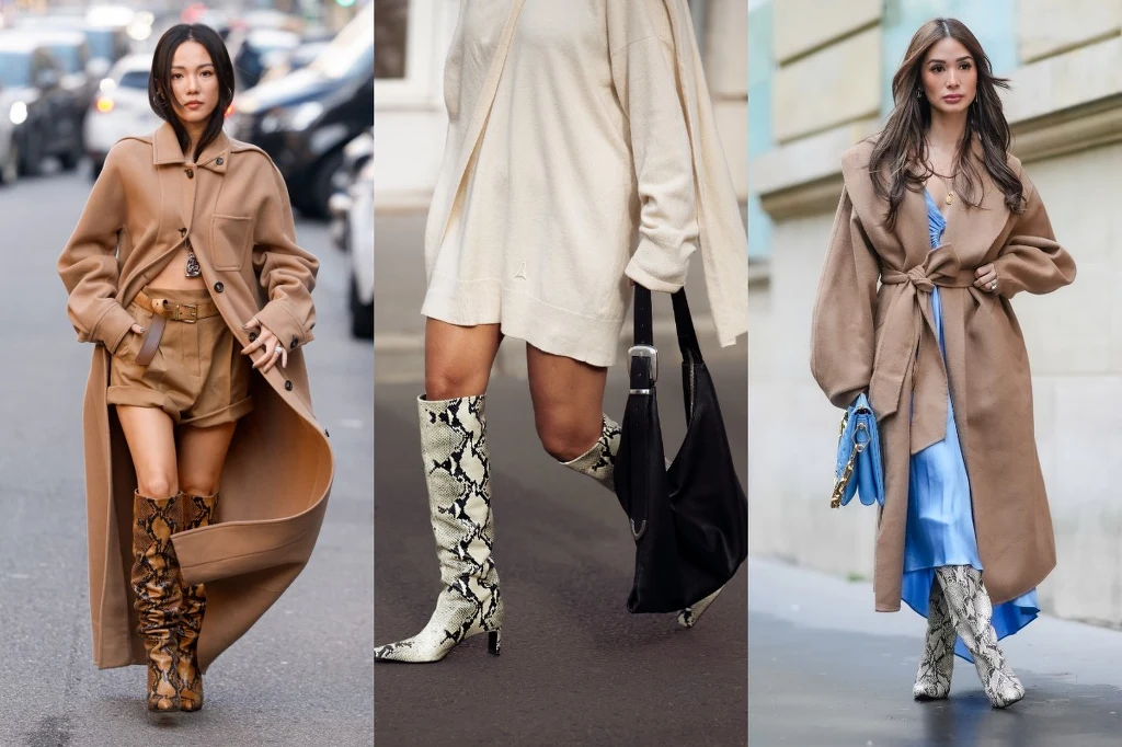 Modne stylizacje z kozakami w zwierzęcy print. Fot. Edward Berthelot, Christian Vierig, Raimonda Kulikauskiene Trzy kobiety prezentują modne stylizacje z długimi, beżowymi płaszczami i butami o wzorze skóry węża. Każda z nich ma inną stylizację, od krótkich spodenek, przez sweter sukienkę, po niebieską sukienkę, przy czym wszystkie wyglądają stylowo i elegancko.