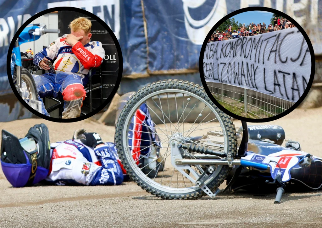 Motocyklista leży na torze po upadku podczas zawodów żużlowych, obok leży motocykl. W powiększonych fragmentach widoczny jest żużlowiec w sportowym stroju siedzący z opuszczoną głową oraz tłum kibiców za płotem z transparentem o charakterze informacyjn...