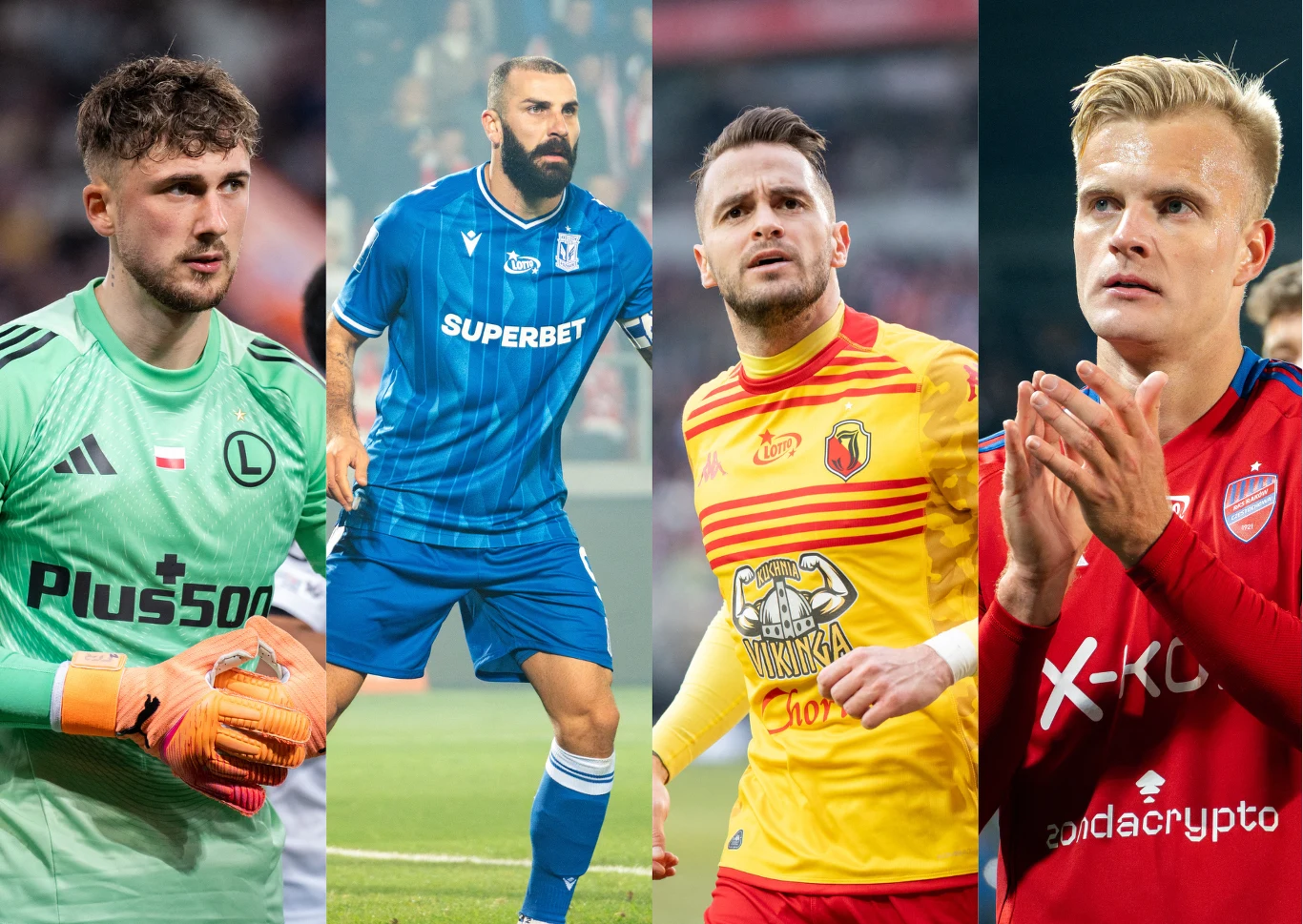 Kacper Tobiasz, Mikael Ishak, Jesus Imaz oraz Jonatan Braut Brunes Czterech piłkarzy w różnych strojach klubowych, stojących w różnych kadrach. Po lewej zawodnik w zielonym stroju bramkarza, obok piłkarz w niebieskim stroju, dalej zawodnik w żółto-czerwonej koszulce oraz piłkarz w czerwonym trykocie, mający splecione ...