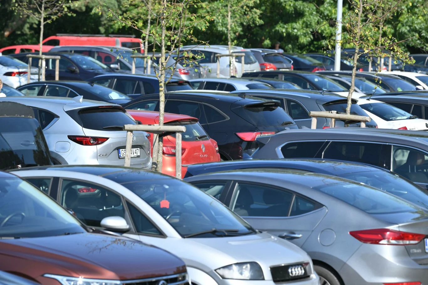 11 listopada w Gdańsku zajdą spore zmiany w parkowaniu. Zapełniony parking samochodowy, na którym zaparkowanych jest wiele aut różnych marek i kolorów, pośród młodych drzewek i w otoczeniu zieleni.