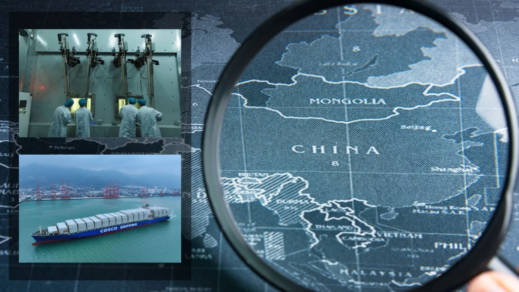 Rozwój gospodarczy Chin. Uruchamiają tzw. szlak arktyczny oraz budują super-kontenerowiec Mapa Azji z wyeksponowanym krajem Chin pod lupą. Obok dwa zdjęcia: laboratorium z pracownikami w odzieży ochronnej oraz kontenerowiec płynący w porcie.