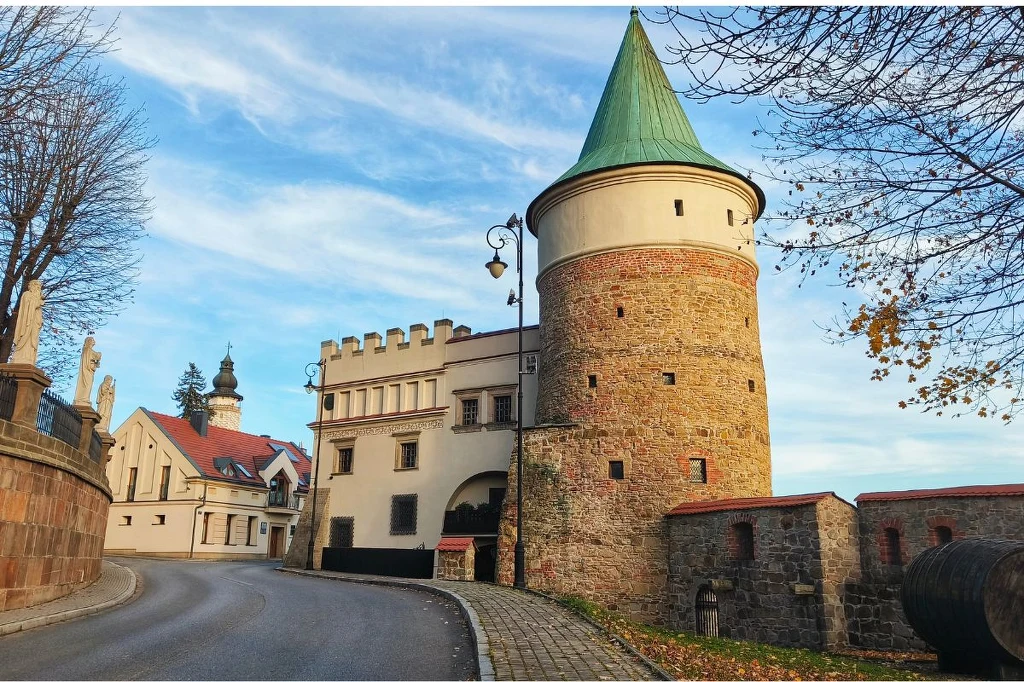 Kamienna wieża z zielonym stożkowym dachem, otoczona fragmentem muru oraz zabudowaniami zamkowymi, prowadząca wzdłuż brukowanej ulicy, po bokach drzew pozbawionych liści.