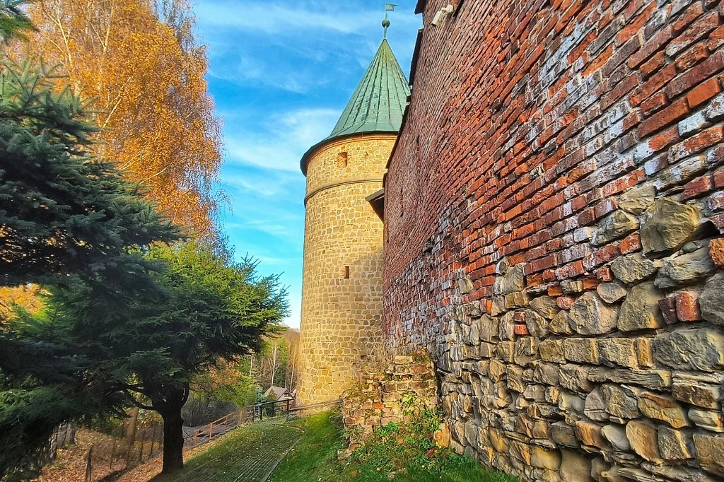 Kamienna wieża oraz fragment wysokiego muru zamku, otoczone jesiennym krajobrazem. W tle drzewa z żółtymi i zielonymi liśćmi, nad całością rozciąga się niebieskie niebo z lekkimi chmurami.