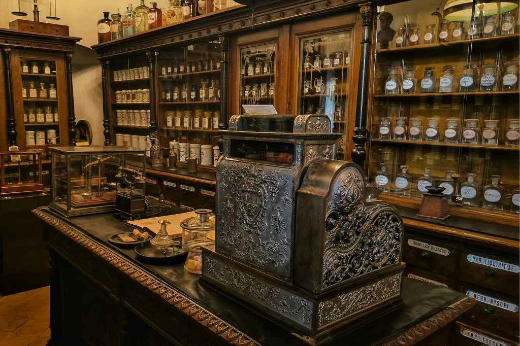Stara kasa sklepowa z bogato zdobionego metalu ustawiona na drewnianym blacie otoczona przedmiotami aptecznymi. W tle regały wypełnione szklanymi butelkami i pojemnikami z etykietami, całość tworzy wnętrze zabytkowej apteki.