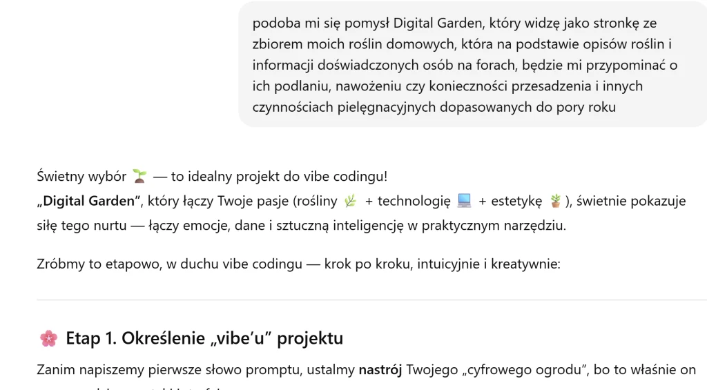 Fragment strony internetowej z tekstem dotyczącym projektu Digital Garden, instrukcje oraz opis koncepcji łączenia pasji roślinnych, technologicznych i estetycznych, elementy graficzne podkreślające inspirujący charakter treści.