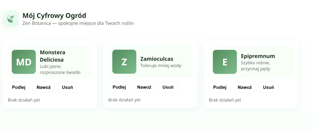 Panel cyfrowego ogrodu z prezentacją trzech roślin domowych oraz krótkimi informacjami na ich temat i dostępnymi opcjami pielęgnacyjnymi.