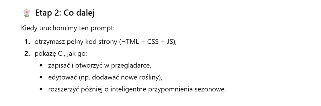 Fragment instrukcji dotyczącej kolejnego etapu pracy z kodem strony, lista punktów wyjaśniająca zapisanie, otwieranie i edytowanie kodu oraz rozbudowywanie funkcji, tekst na jasnym tle.