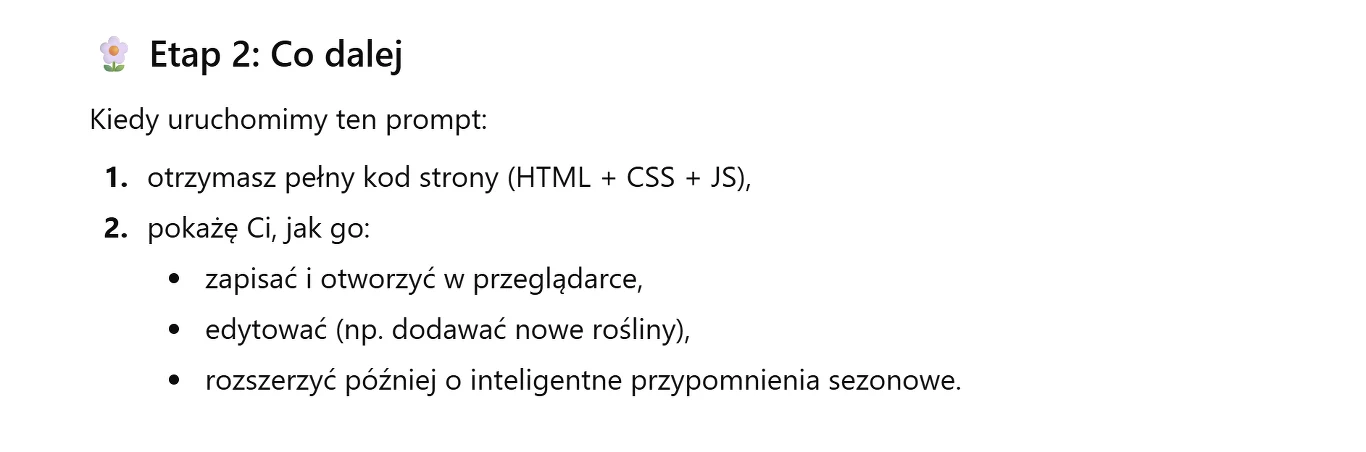 Fragment instrukcji dotyczącej kolejnego etapu pracy z kodem strony, lista punktów wyjaśniająca zapisanie, otwieranie i edytowanie kodu oraz rozbudowywanie funkcji, tekst na jasnym tle.