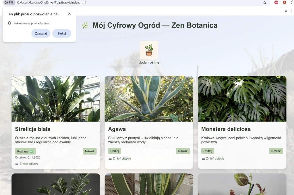 Interfejs cyfrowego ogrodu Zen Botanica z listą roślin domowych. Trzy główne kafelki prezentują rośliny: strelicję białą, agawę oraz monsterę deliciosa, każda z krótkim opisem i opcją dodania nowej rośliny.