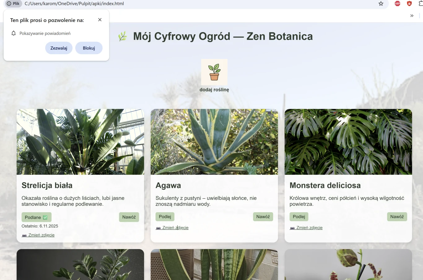 Interfejs cyfrowego ogrodu Zen Botanica z listą roślin domowych. Trzy główne kafelki prezentują rośliny: strelicję białą, agawę oraz monsterę deliciosa, każda z krótkim opisem i opcją dodania nowej rośliny.
