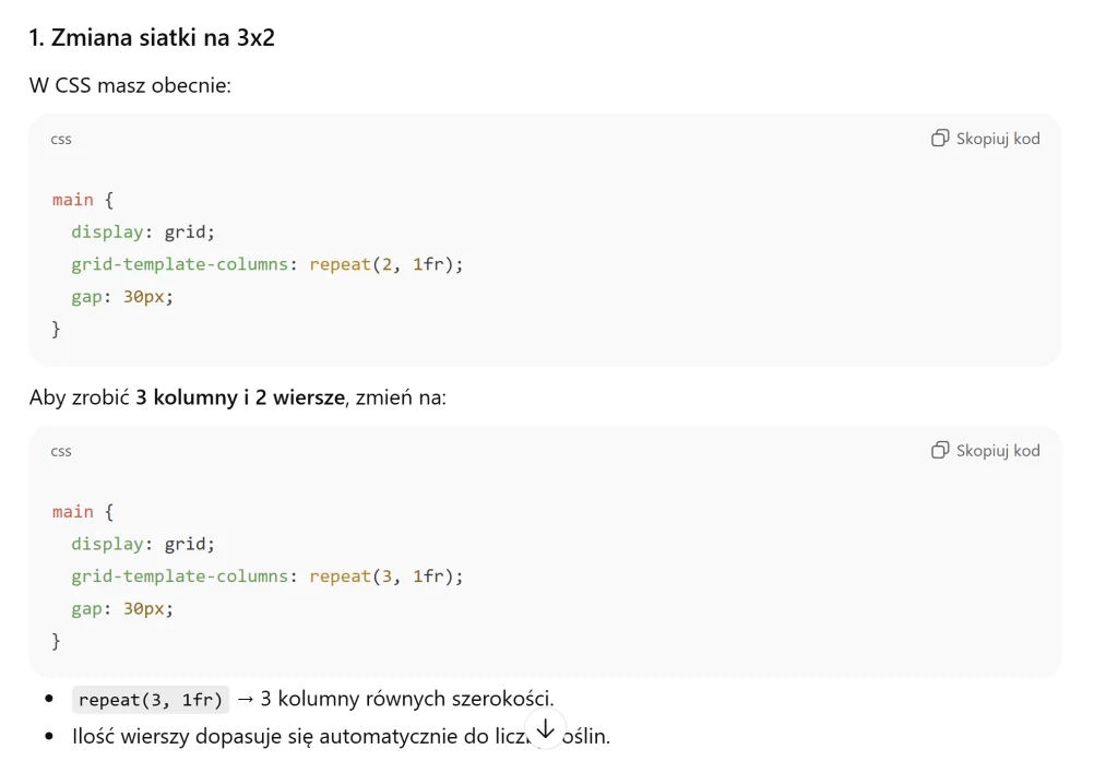 Fragment instrukcji programistycznej wyjaśniającej, jak zmienić siatkę CSS z dwóch na trzy kolumny, prezentujący przykładowy kod CSS oraz krótkie wyjaśnienia zawarte w punktach.