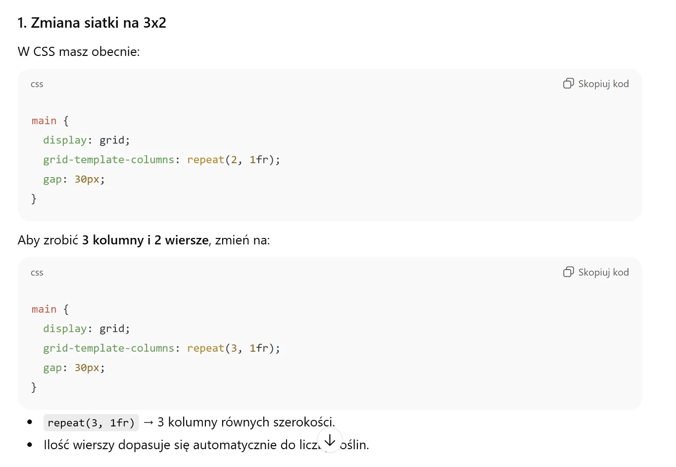 Fragment instrukcji programistycznej wyjaśniającej, jak zmienić siatkę CSS z dwóch na trzy kolumny, prezentujący przykładowy kod CSS oraz krótkie wyjaśnienia zawarte w punktach.