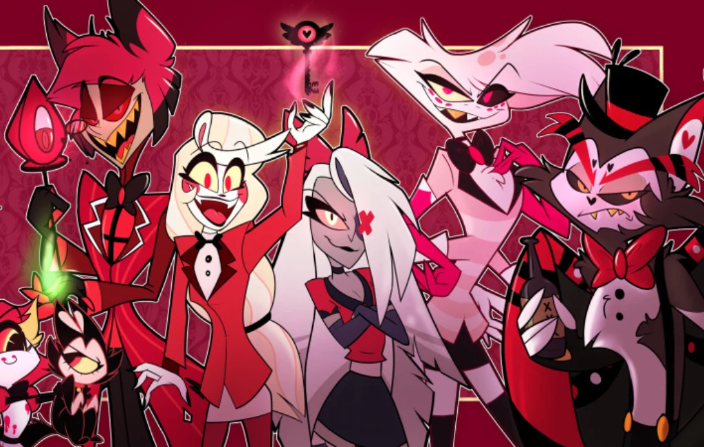 Grupa barwnych, antropomorficznych postaci animowanych stoi razem na czerwonym tle z eleganckimi strojami i wyrazistymi mimikami twarzy, każda wyróżnia się unikalnym wyglądem i żywą kolorystyką, niektóre z nich trzymają magiczne przedmioty lub gestykul...