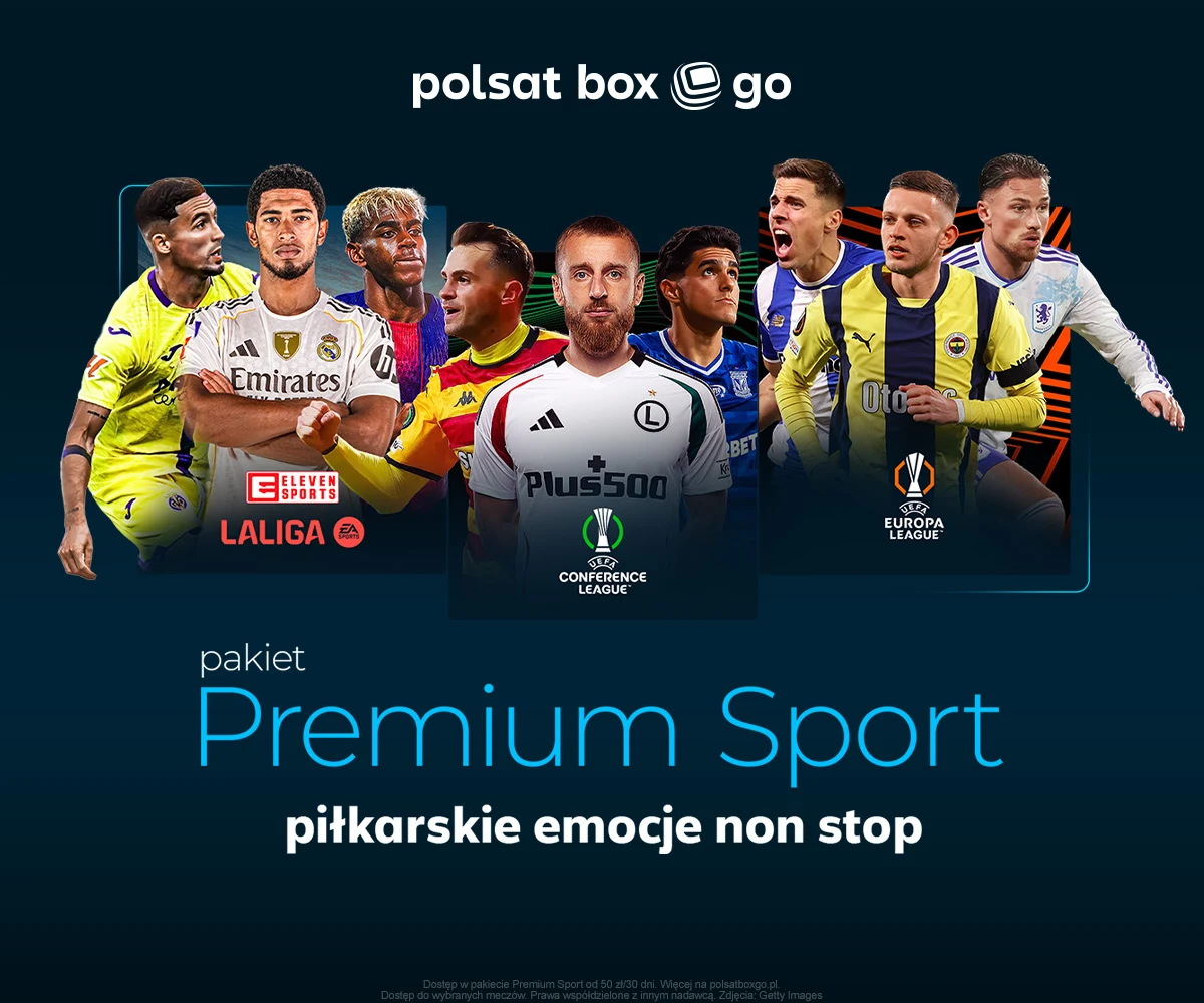 Listopad pełen sportowych wydarzeń w Polsat Box Go Grupa profesjonalnych piłkarzy reprezentujących różne kluby piłkarskie ustawiona na ciemnym tle z logotypami znanych europejskich lig piłkarskich oraz napisem informującym o pakiecie sportowym Polsat Box Go.