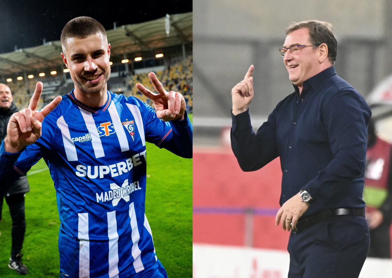 Po lewej stronie piłkarz w niebieskiej koszulce drużyny sportowej wykonuje gest zwycięstwa na stadionie, po prawej uśmiechnięty mężczyzna w okularach i ciemnej koszuli pokazuje podobny gest, tło sportowe.