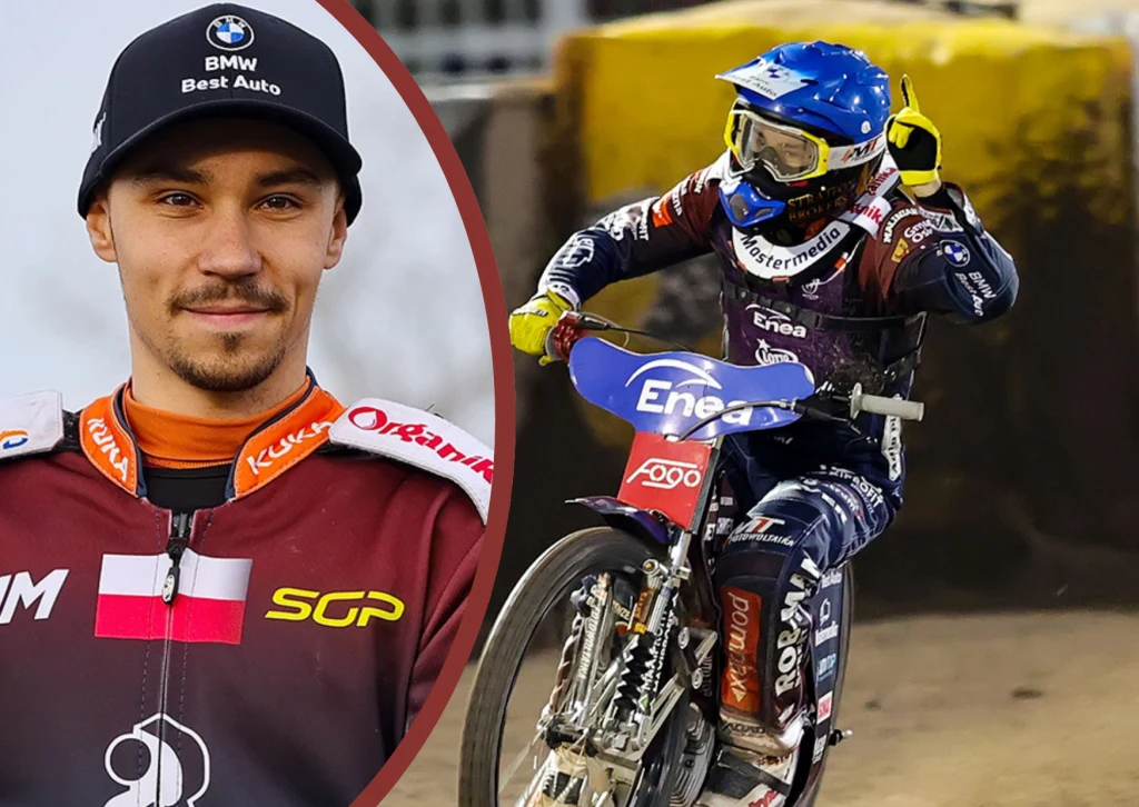 Sportowiec ubrany w kombinezon żużlowy z widocznymi logotypami sponsorów, na lewo portret mężczyzny w czapce z daszkiem, po prawej mężczyzna w kasku podczas jazdy motocyklem żużlowym na torze.