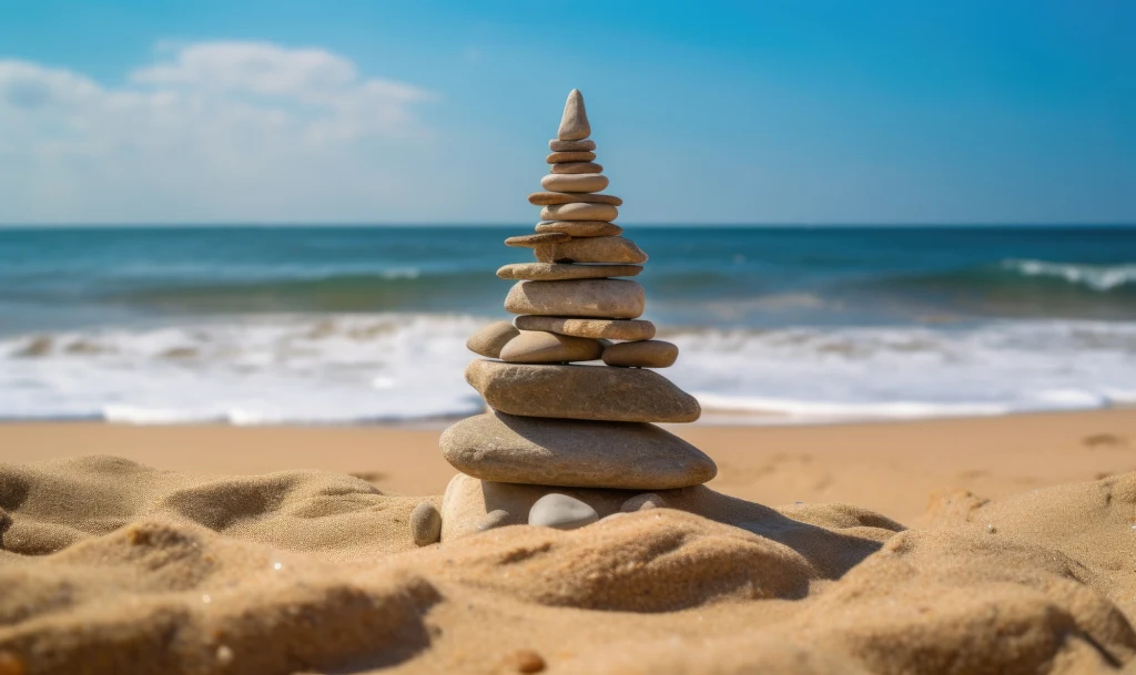 Masowe tworzenie kamiennych wież i kopczyków powoduje niszczenie linii brzegowej w Maspalomas Stos kamieni ustawionych jeden na drugim na piaszczystej plaży, w tle widoczne morze i lekko zamglone niebo.