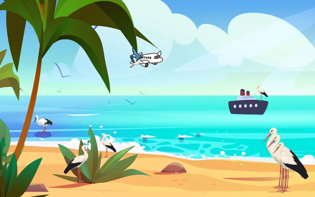Piasek, kilka bocianów stojących blisko brzegu, błękitne morze z dryfującym statkiem oraz przelatujący samolot. Na pierwszym planie rośliny tropikalne. W tle kilka lecących ptaków oraz jasne, słoneczne niebo.