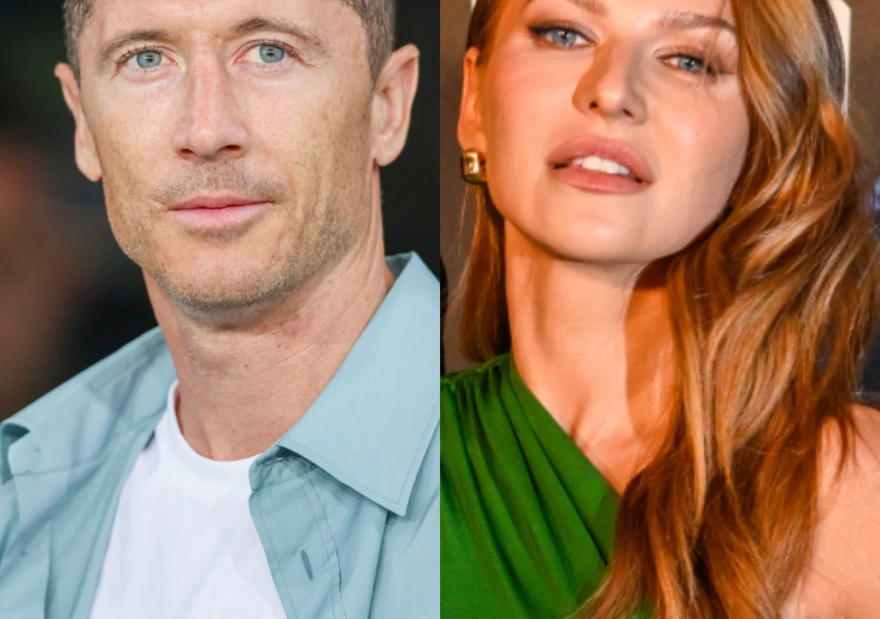 Robert Lewandowski, Anna Lewandowska Dwie osoby, mężczyzna w jasnej koszuli i białym t-shircie oraz kobieta z długimi rudymi włosami, ubraną w zieloną sukienkę, oboje patrzą prosto w obiektyw.