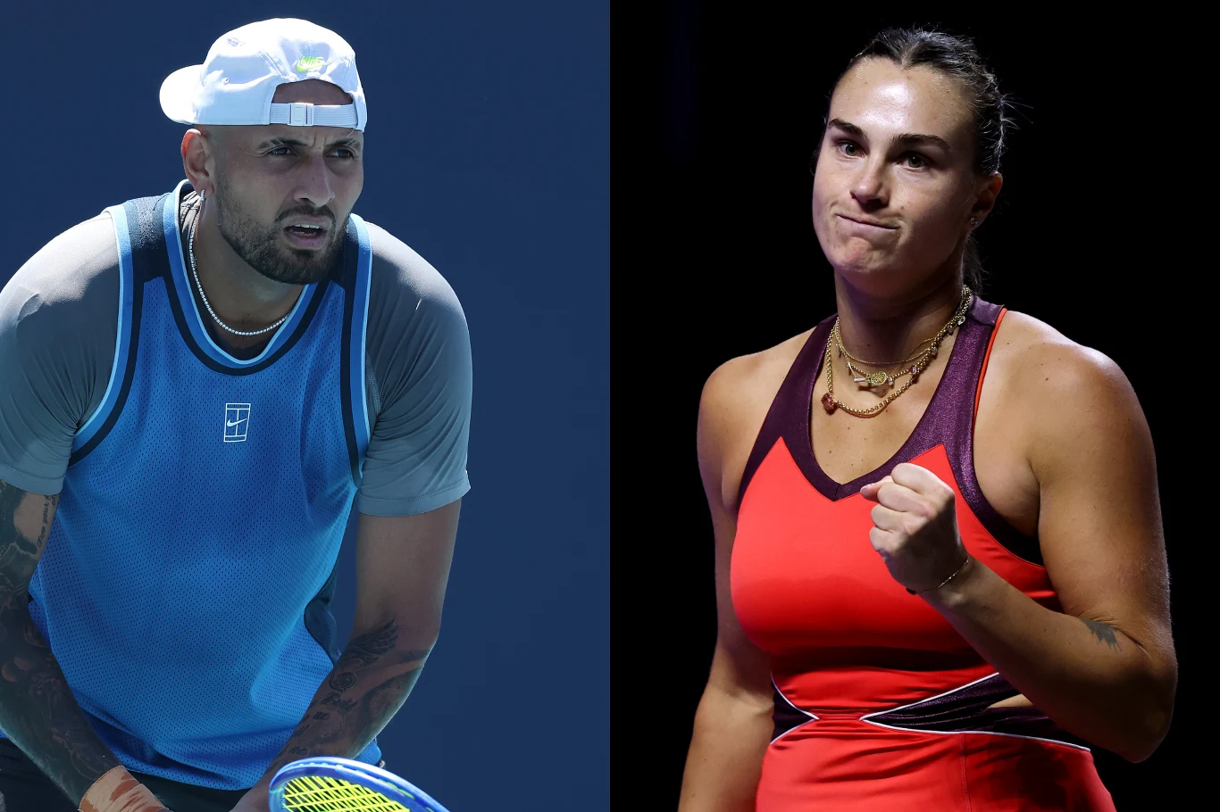 Nick Kyrgios i Aryna Sabalenka Mężczyzna w niebieskim stroju sportowym oraz czapce z daszkiem umieszczonej tyłem patrzy skupiony w jedną stronę, obok kobieta w czerwonym stroju sportowym z zaciśniętą pięścią wyrażająca determinację. Oboje znajdują się na tle sportowym, w kontrolowan...