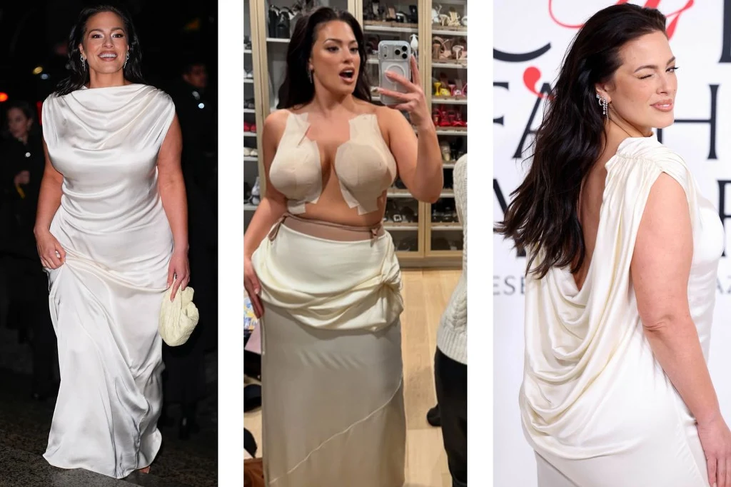 Ashley Graham zdradziła kulisy swojego olśniewającego wyglądu na czerwonym dywanie Kobieta w długiej, eleganckiej, białej sukni ukazana w trzech ujęciach: idąca na wydarzenie, wykonująca selfie w garderobie, pozująca stojąc tyłem. Każda wersja sukni odsłania drapowania materiału, a kobieta prezentuje się z dużą pewnością siebie.