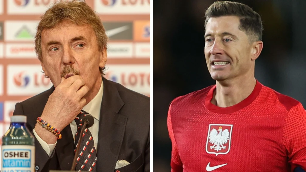 Robert Lewandowski i Zbigniew Boniek Portret dwóch znanych mężczyzn związanych z piłką nożną, po lewej stronie mężczyzna w garniturze na tle banerów sponsorskich podczas konferencji prasowej, po prawej piłkarz w czerwonej koszulce z orłem na piersi na stadionie