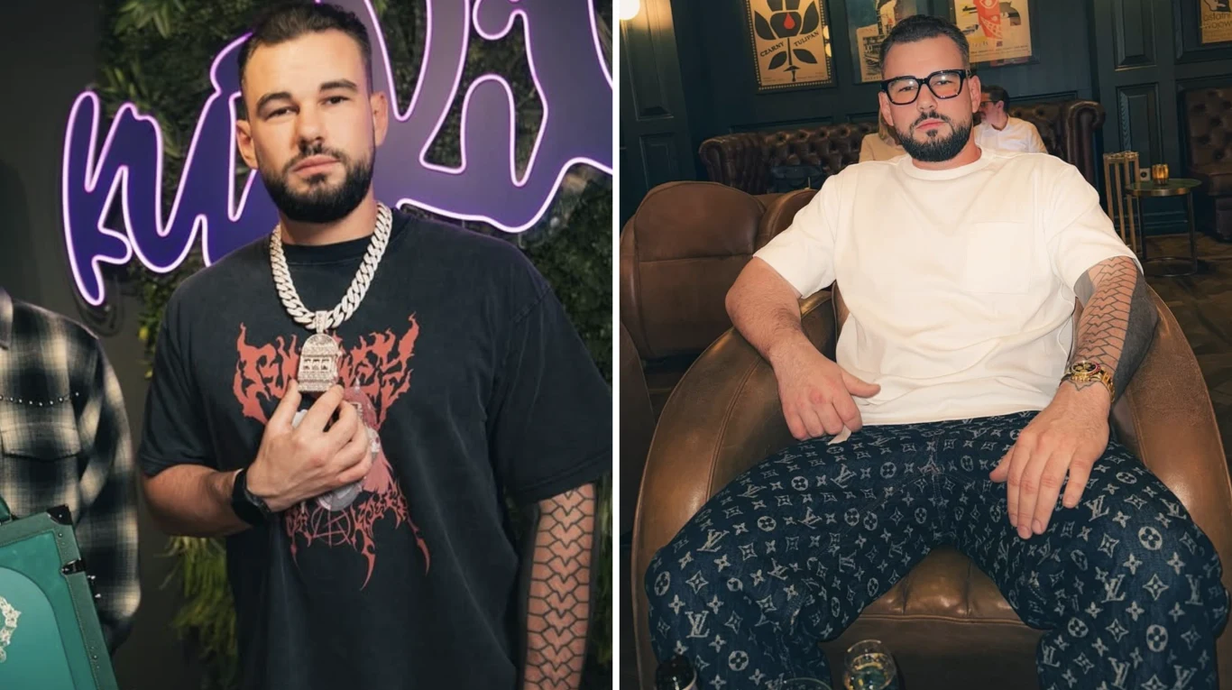 "Szymool" kupił sobie łańcuch za ponad milion złotych Mężczyzna z brodą ubrany w czarną koszulkę z masywnym łańcuchem na szyi oraz zegarkiem na ręce, po lewej stronie kadru, oraz ten sam mężczyzna w białej koszulce, okularach i spodniach z logo luksusowej marki siedzący w skórzanym fotelu w eleganckim wnę...