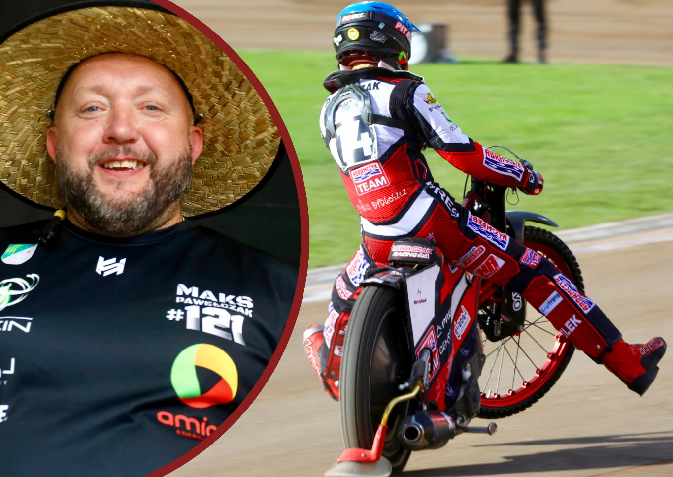 Mirosław Duda pomagał Maksymilianowi Pawełczakowi w końcówce sezonu 2025. Zawodnik żużlowy na motocyklu podczas wyścigu na torze oraz portret uśmiechniętego mężczyzny w kapeluszu słomkowym. Kolory koszulek drużynowych i sponsorzy są dobrze widoczni.