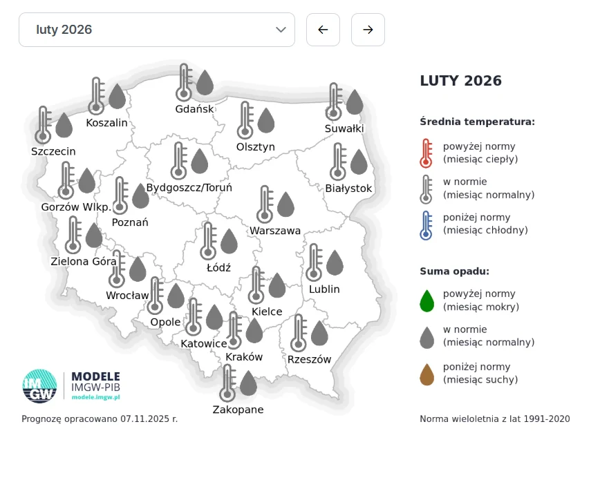 Mapa Polski z prognozą pogody na luty 2026, przedstawiająca podział na poszczególne miasta i regiony oraz przewidywaną średnią temperaturę i sumę opadów. Ikony termometrów i krople deszczu sygnalizują temperatury i opady względem norm.