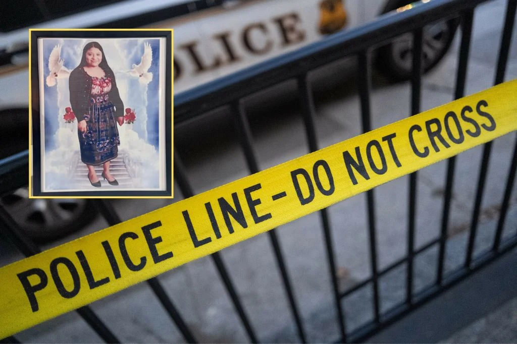 32-letnia sprzątaczka została zabita w stanie Indiana w USA Żółta taśma policyjna z napisem 'POLICE LINE - DO NOT CROSS' oddziela teren, w tle widoczny samochód policyjny, a w lewym górnym rogu umieszczono zdjęcie kobiety w otoczeniu nieba, gołębi i czerwonych kwiatów.