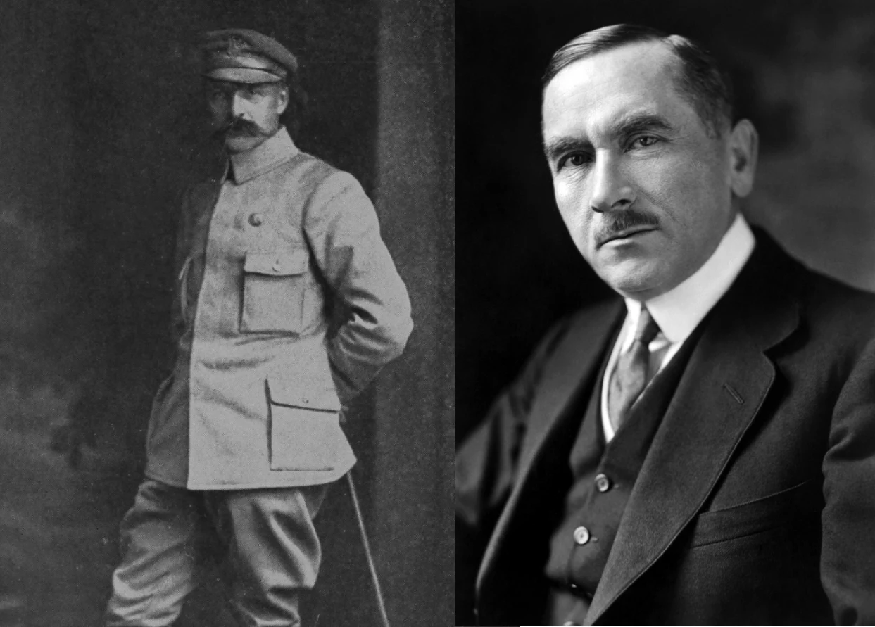Józef Piłsudski i Roman Dmowski. Dwie różne drogi, ale cel ten sam Dwóch mężczyzn o poważnych wyrazach twarzy, jeden ubrany w wojskowy mundur i stojący z rękami za plecami, drugi w eleganckim garniturze patrzy bezpośrednio w obiektyw, obaj z charakterystycznymi wąsami.