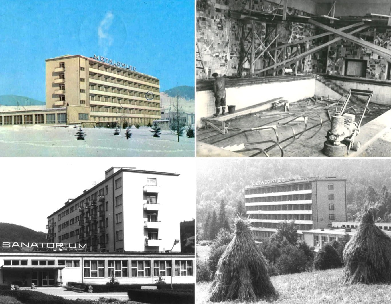 Kompleks sanatoryjny ukazany w różnych ujęciach, w tym zdjęcia z zewnątrz budynku na tle gór oraz archiwalne ujęcia wnętrza, gdzie trwa remont lub odbudowa, a także widok sanatorium wśród zieleni i stogów siana.