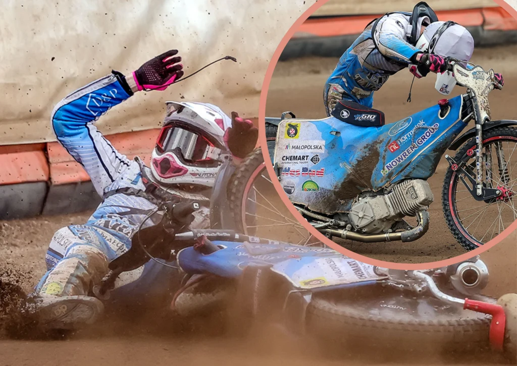 Szokujące wieści z Unii Tarnów. To może być upadek równie spektakularny jak ten Jana Heleniaka. Zawodnik żużlowy ulega upadkowi podczas wyścigu, ślizgając się po ziemi obok motocykla na torze żużlowym, wokół widoczne są bandy zabezpieczające. W okręgu zaprezentowany jest ten sam zawodnik na motocyklu tuż przed upadkiem.