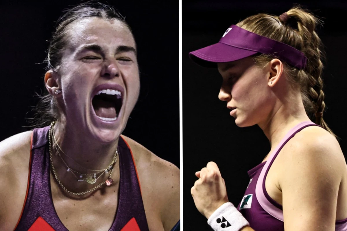 Sportowe emocje podczas meczu tenisowego, po lewej stronie zawodniczka wyraża silne emocje szeroko otwartymi ustami, po prawej druga skupiona, zaciśnięta pięść w geście motywacji, obie ubrane w sportowe stroje.