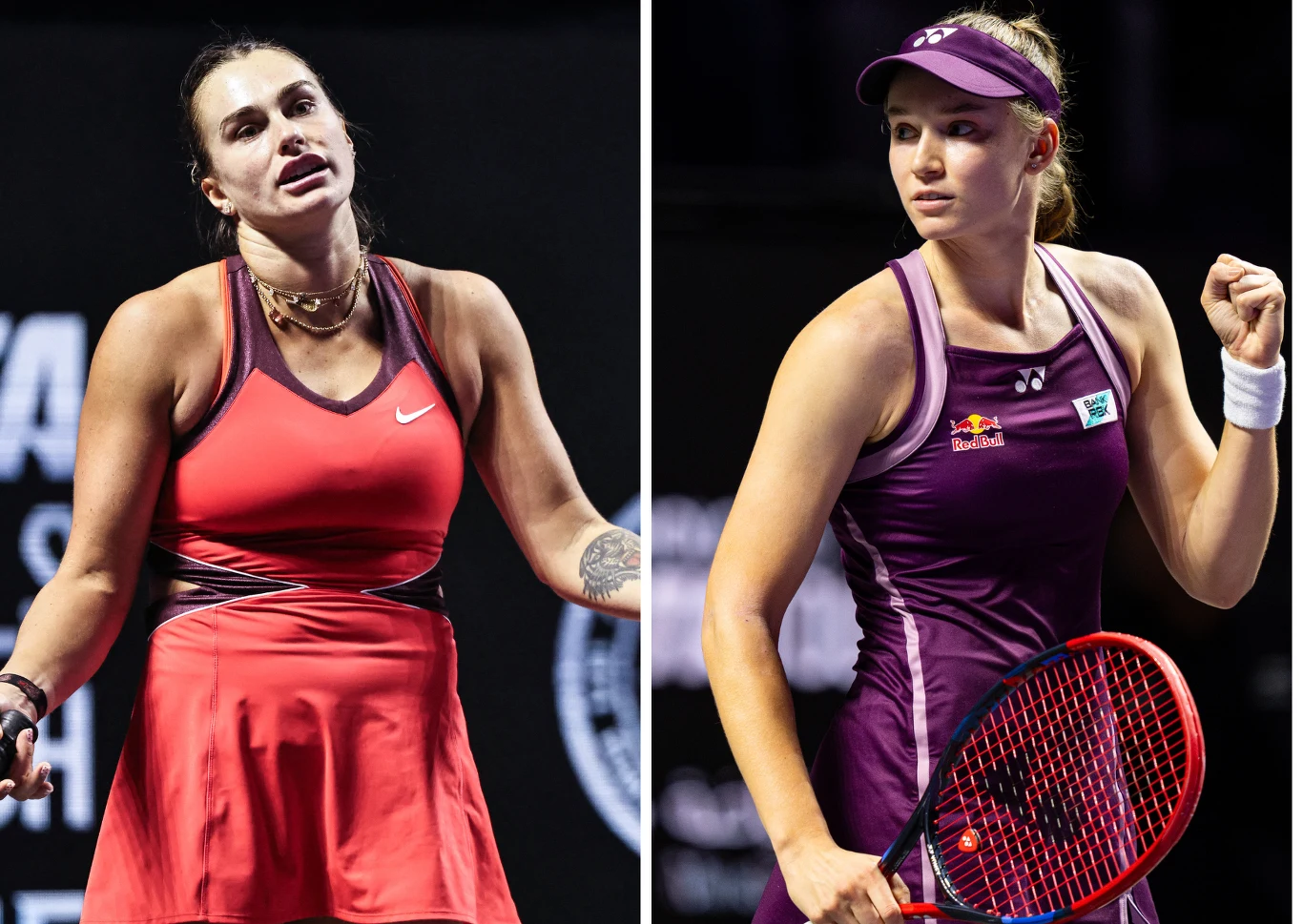 Dwie tenisistki w sportowych strojach podczas meczu; jedna po lewej stronie w czerwonym stroju z widoczną reakcją emocjonalną, druga po prawej w fioletowym stroju z rakietą w ręku, z wyrazem determinacji na twarzy.