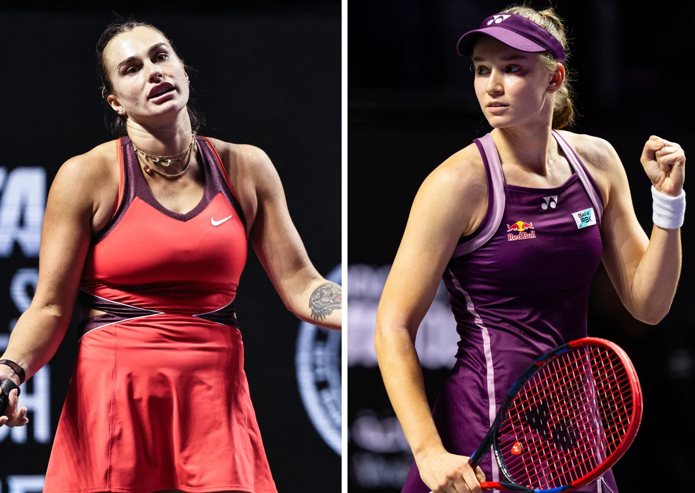 Dwie tenisistki w sportowych strojach na korcie, każda z rakietą tenisową w ręce, po lewej stronie zawodniczka w czerwonym stroju z widocznymi tatuażami, po prawej zawodniczka w fioletowym stroju oraz czapce sportowej.