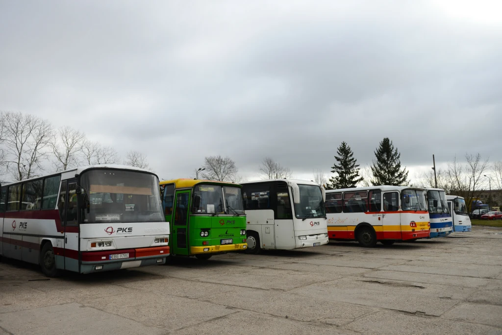 Sześć autobusów różnych kolorów stoi zaparkowanych na dużym placu, w tle widoczne są drzewa bez liści i pochmurne niebo.