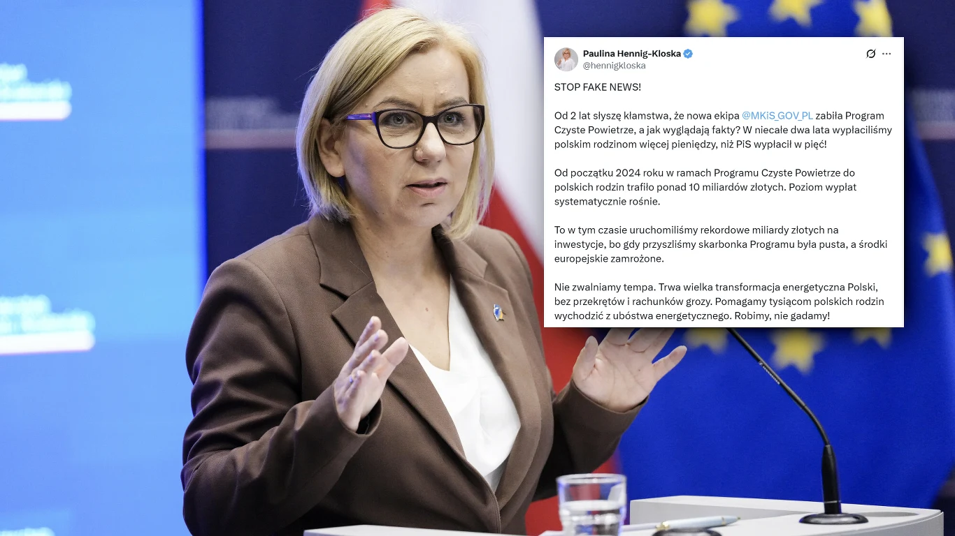Czy program "Czyste Powietrze" rzeczywiście radzi sobie tak dobrze, jak mówi resort klimatu? Kobieta w okularach i garsonce przemawia na konferencji prasowej, za nią widać flagę Unii Europejskiej i Polski oraz ekran z niebieskim tłem. W prawym górnym rogu wstawiony tweet dotyczący programu rządowego.