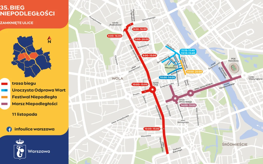 Mapa Warszawy z zaznaczoną trasą biegu, przebiegającą przez główne ulice miasta, oznaczeniem festiwalu i uroczystości oraz godzinami zamknięcia poszczególnych odcinków dróg. Kolorowe linie wskazują różne elementy wydarzeń związanych z obchodami Święta ...