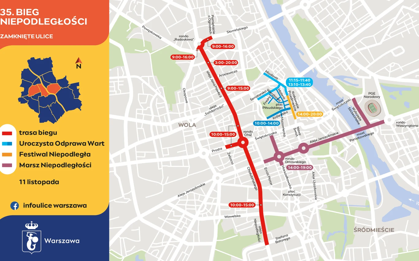 Mapa Warszawy z zaznaczoną trasą biegu, przebiegającą przez główne ulice miasta, oznaczeniem festiwalu i uroczystości oraz godzinami zamknięcia poszczególnych odcinków dróg. Kolorowe linie wskazują różne elementy wydarzeń związanych z obchodami Święta ...