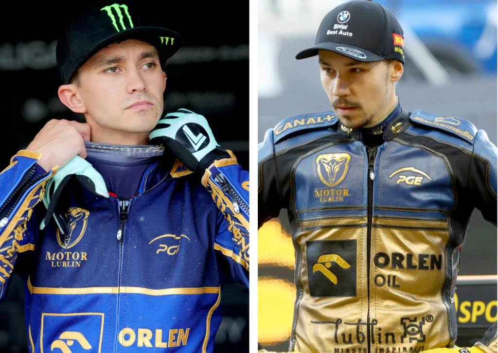Wielka ucieczka z Motoru Lublin. Znamy powód, dla którego Jack Holder i Dominik Kubera zmienili barwy. Dwóch zawodników żużlowych w kombinezonach sportowych z widocznymi logo sponsorów oraz klubów, każde na osobnym zdjęciu. Obaj patrzą przed siebie, mają poważne wyrazy twarzy, a tło zdjęć sugeruje obecność na stadionie lub torze żużlowym.