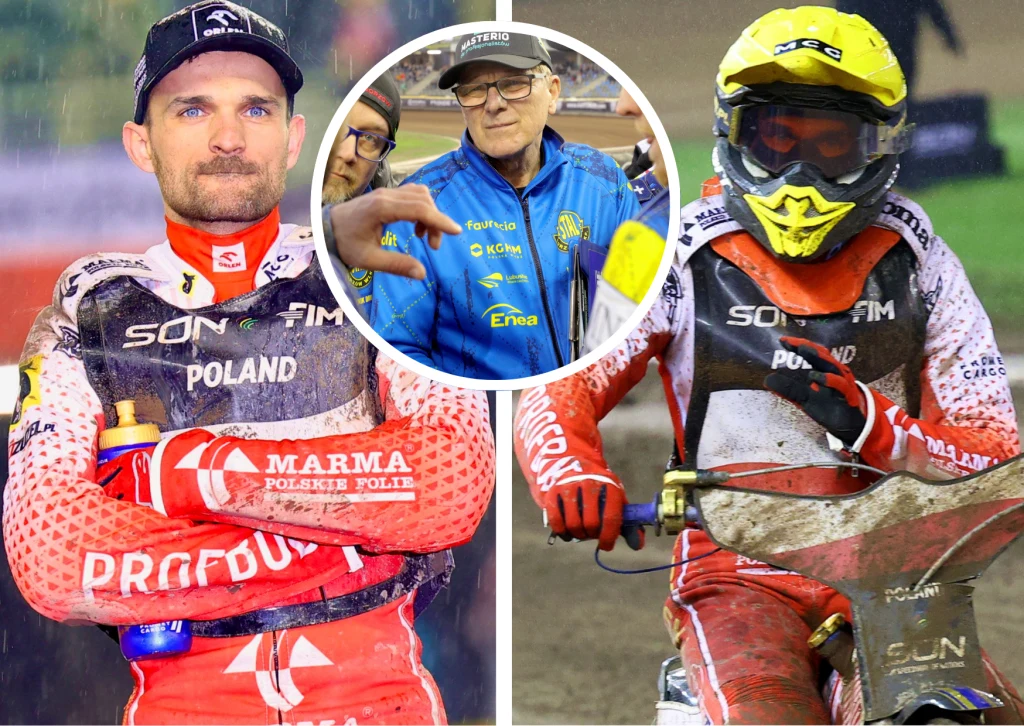 Stanisław Chomski trenerem Żużlowej Reprezentacji Polski. I jego dwie największe gwiazdy: Bartosz Zmarzlik i Patryk Dudek. Trzech mężczyzn związanych ze sportem żużlowym, dwóch w kombinezonach startowych Polski z wyrazistymi logotypami sponsorów, jeden w kurtce drużyny, otoczony mikrofonami, zestawieni na tle stadionu żużlowego, jeden z zawodników z kaskiem na głowie i mot...