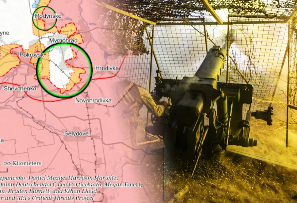 Trwają zacięte walki o Pokrowsk w Ukrainie Mapa ilustrująca postęp działań wojennych w okolicach określonych miejscowości oraz stanowisko artyleryjskie podczas wystrzału, chronione siatką maskującą.