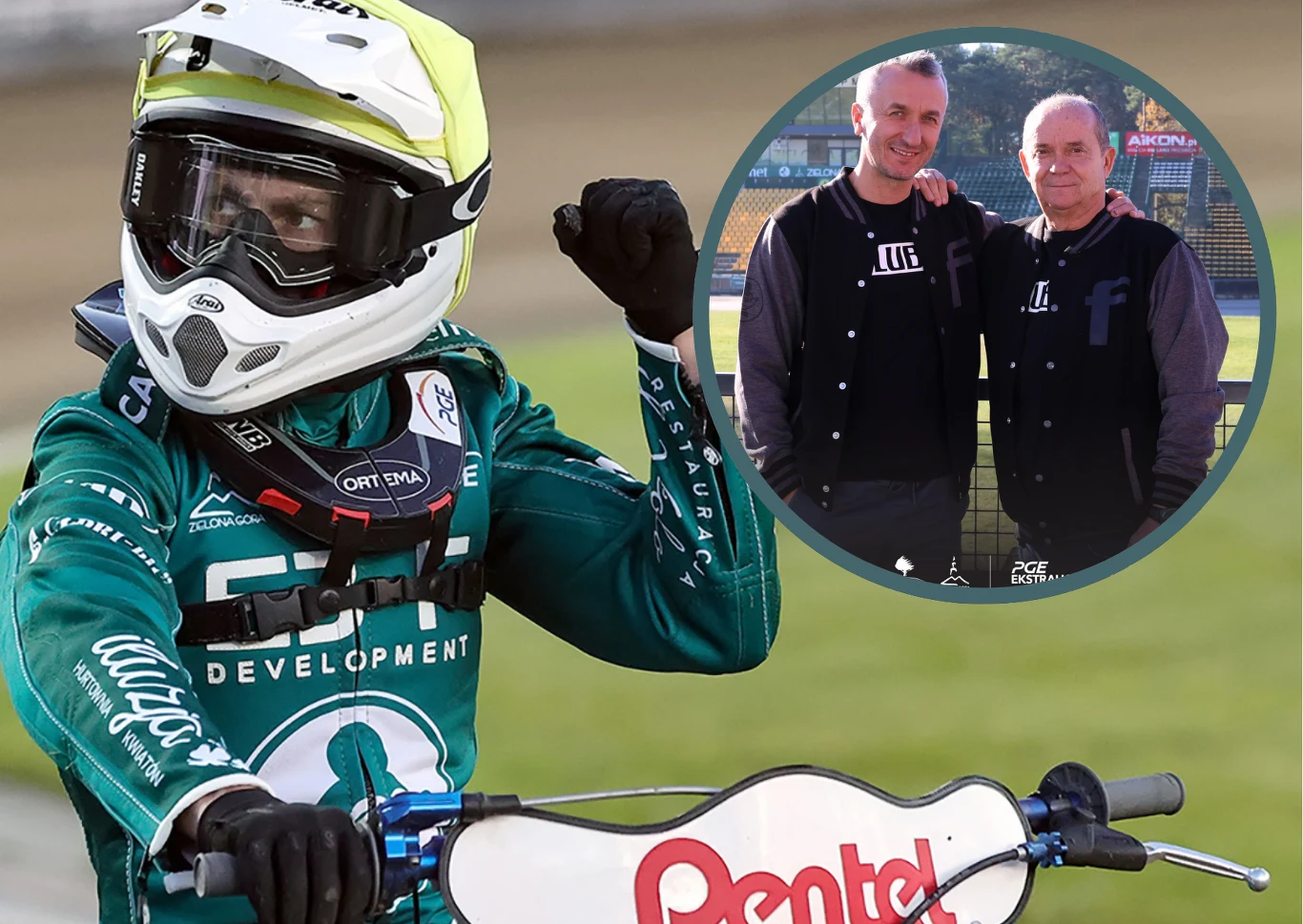 Falubaz jest pewny, że z duetem Aleksander Janas, Grzegorz Walasek wjedzie do play-off. Zawodnik żużlowy w zielonym kombinezonie i kasku unosi zaciśniętą pięść w geście triumfu na motocyklu wyposażonym w tablicę z napisem Pentel; w okrągłej wstawce dwie osoby ubrane w czarne kurtki stoją obok siebie i patrzą w stronę obiektywu.