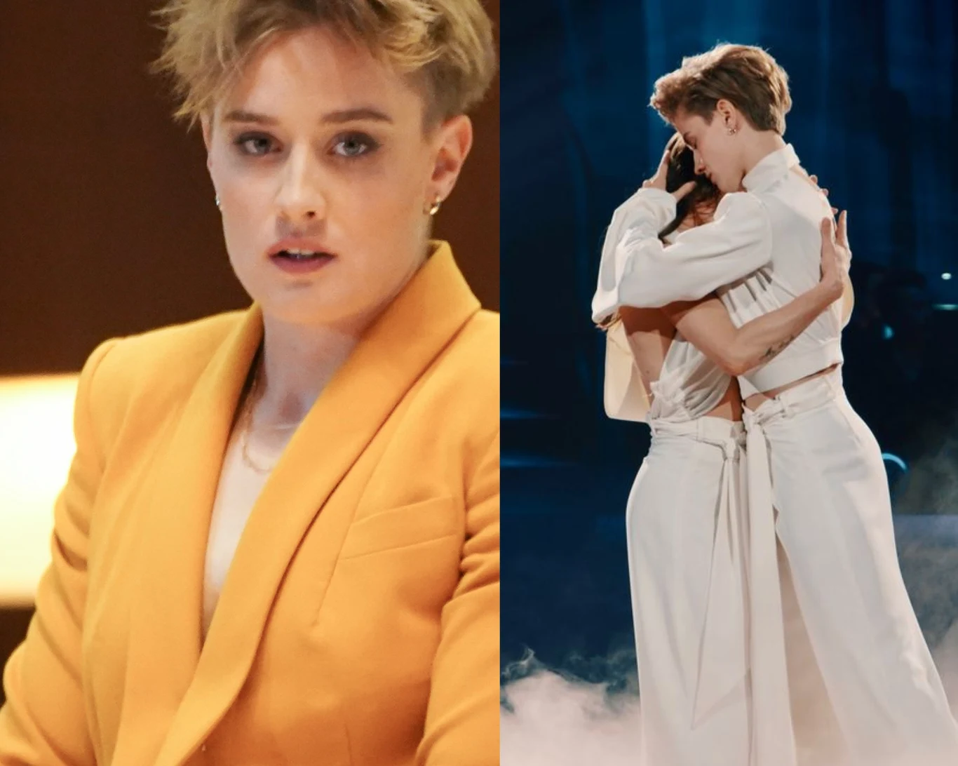 Po lewej stronie widoczna osoba w żółtym garniturze patrząca w stronę obiektywu, po prawej dwie osoby ubrane na biało obejmujące się na scenie w otoczeniu mgły i niebieskiego światła.