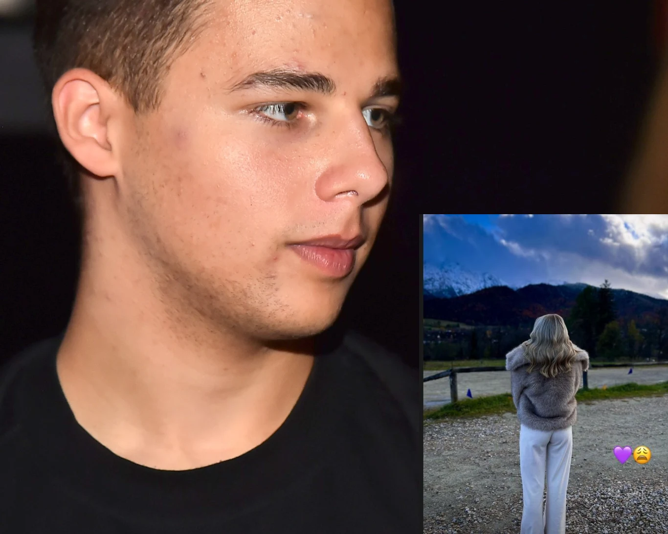 Młody mężczyzna spogląda w bok na ciemnym tle, w prawym dolnym rogu znajduje się mała wstawka ze zdjęciem kobiety ustawionej tyłem, stoi na tle górskiego krajobrazu, na niebie znajdują się chmury, a na obrazie widoczne są emoji.