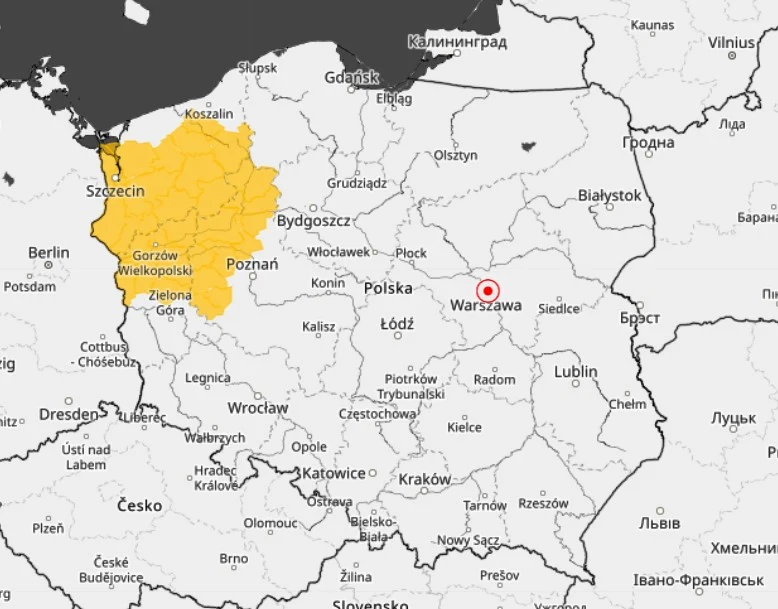 Mapa Polski z wyraźnie zaznaczonym na żółto regionem województwa lubuskiego na zachodzie kraju. Warszawa oznaczona czerwonym okręgiem.